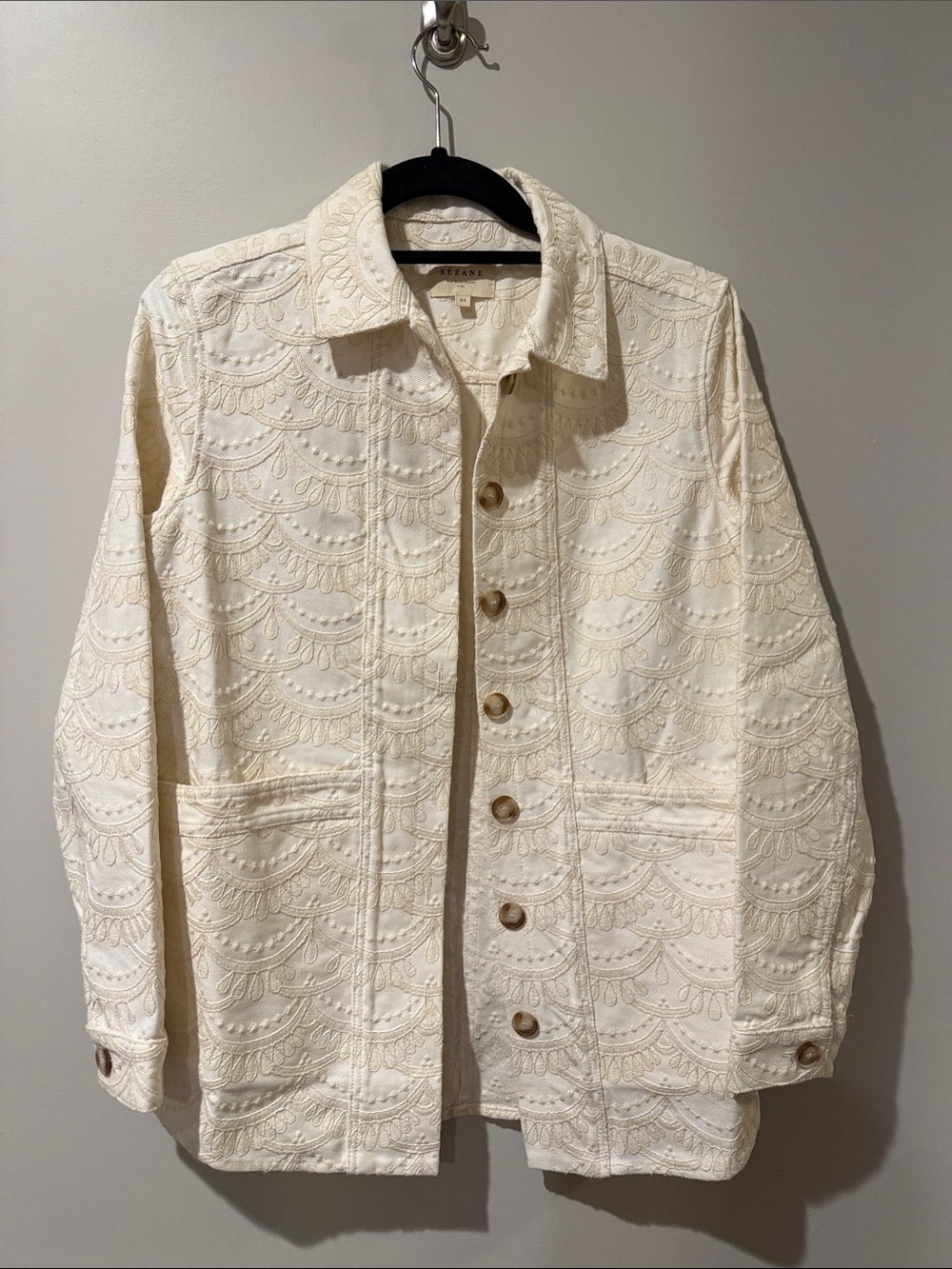 Sezane Will Jacket in Embroidered White - Eyelet Jean Jacket
